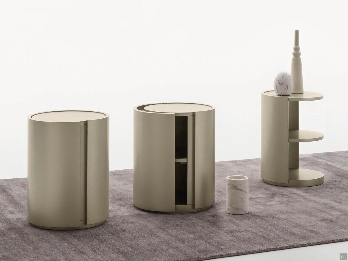 Weston Table de chevet cylindrique en versions avec compartiments visibles et avec portes à charnières fermées et ouvertes